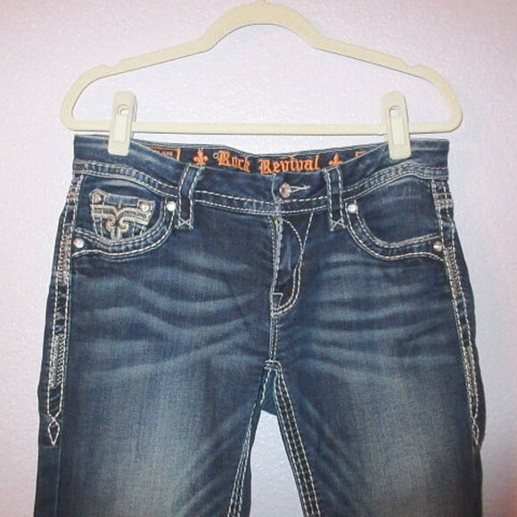 Rock Revival Marie Bootcut Jeans 28x33 Bling Low Rise Flap Pocket Fleur di Lis - Picture 3 of 12